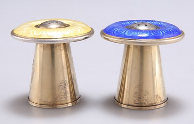 Lot 1045 - A PAIR OF NORWEGIAN SILVER AND ENAMEL NOVELTY PEPPER POTS