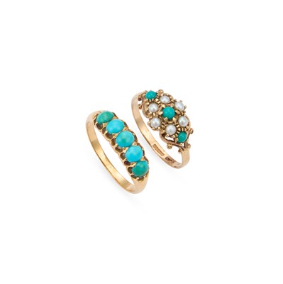 Lot 654 - A 9 CARAT GOLD TURQUOISE AND SEED PEARL RING AND A TURQUOISE RING