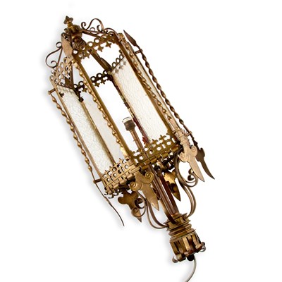 Lot 291 - A LATE VICTORIAN WROUGHT AND CAST BRASS HANGING LANTERN