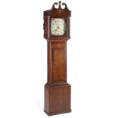 Lot 295 - A SMALL EARLY 19TH CENTURY OAK 30-HOUR LONGCASE CLOCK