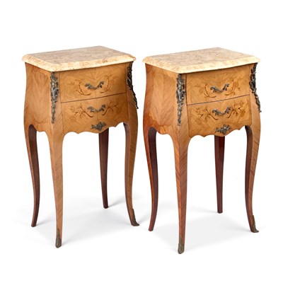 Lot 333 - A PAIR OF FRENCH MARBLE-TOPPED, GILT-METAL MOUNTED AND FLORAL MARQUETRY SIDE TABLES