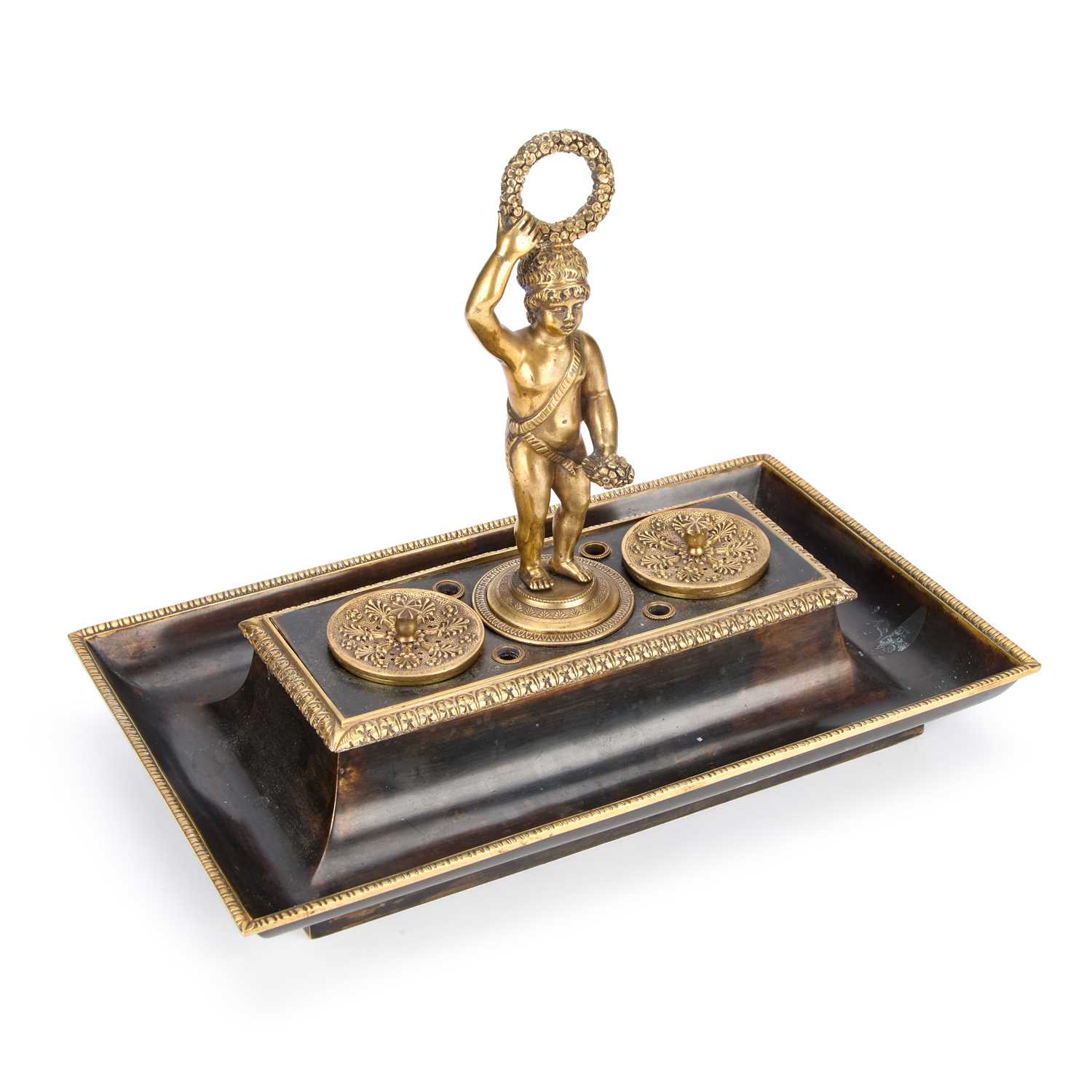 Lot 210 - A REGENCY PATINATED BRONZE INKSTAND