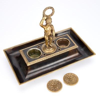 Lot 210 - A REGENCY PATINATED BRONZE INKSTAND