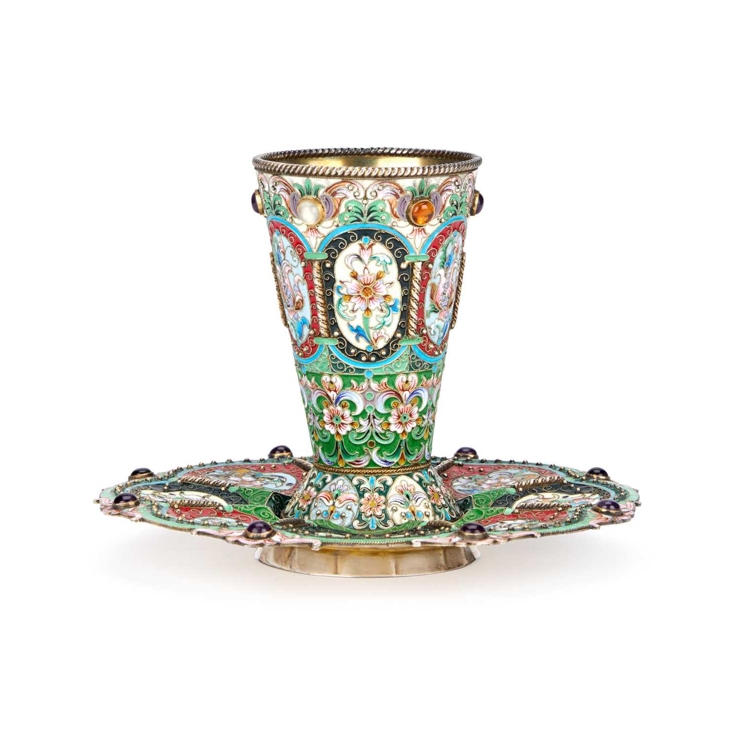 Lot A RUSSIAN SILVER AND ENAMEL GOBLET ON STAND