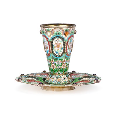 Lot A RUSSIAN SILVER AND ENAMEL GOBLET ON STAND