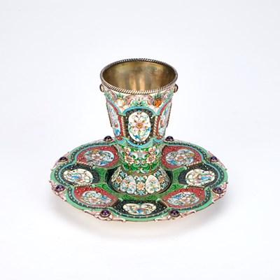 Lot 274 - A RUSSIAN SILVER AND ENAMEL GOBLET ON STAND