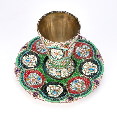 Lot 274 - A RUSSIAN SILVER AND ENAMEL GOBLET ON STAND