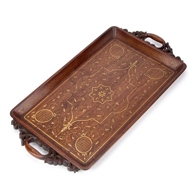 Lot 1081 - AN ANGLO-INDIAN BRASS INLAID HARDWOOD TRAY