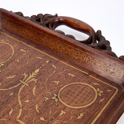 Lot 1081 - AN ANGLO-INDIAN BRASS INLAID HARDWOOD TRAY