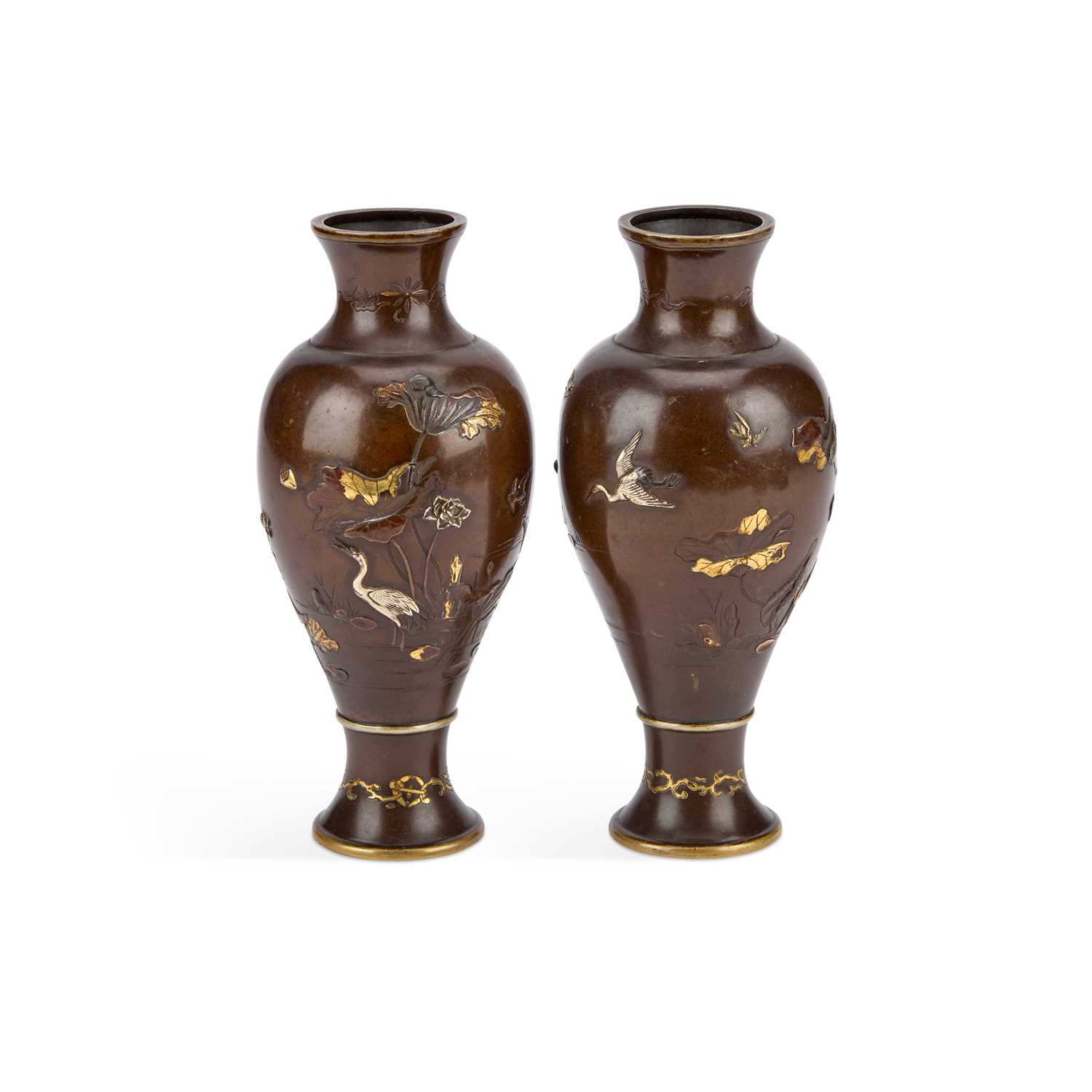 Lot 687 - A FINE PAIR OF JAPANESE BRONZE AND MIXED METALS VASES