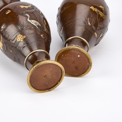 Lot 687 - A FINE PAIR OF JAPANESE BRONZE AND MIXED METALS VASES