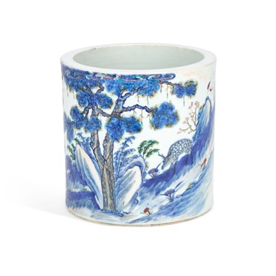 Lot A CHINESE DOUCAI PORCELAIN 'DEER AND CRANES' BRUSH POT