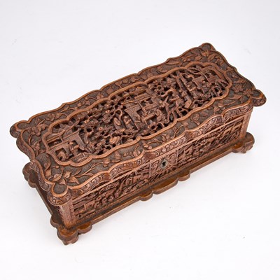 Lot 708 - A 19TH CENTURY CANTONESE CARVED WOODEN BOX