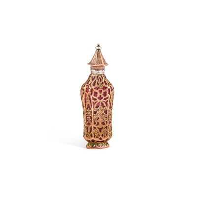 Lot 737 - A GOLD CAGEWORK AND RUBY GLASS SCENT BOTTLE