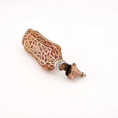 Lot 737 - A GOLD CAGEWORK AND RUBY GLASS SCENT BOTTLE