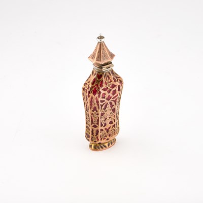 Lot 737 - A GOLD CAGEWORK AND RUBY GLASS SCENT BOTTLE