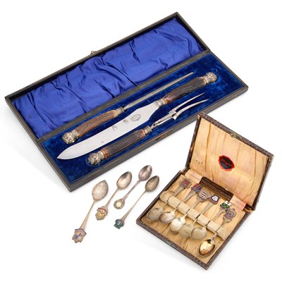 Lot 41 - A VICTORIAN ANTLER-HANDLED THREE-PIECE CARVING SET