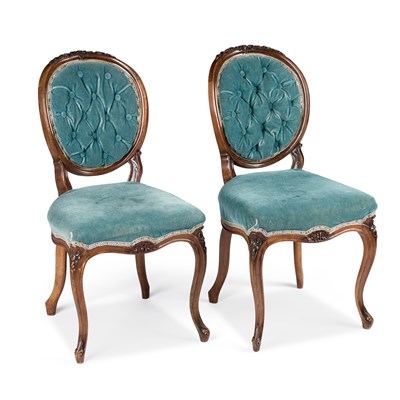 Lot 332 - A PAIR OF VICTORIAN WALNUT AND UPHOLSTERED SIDE CHAIRS