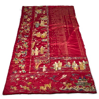 Lot 227 - A CHINESE EMBROIDERED SILK CEREMONIAL HANGING