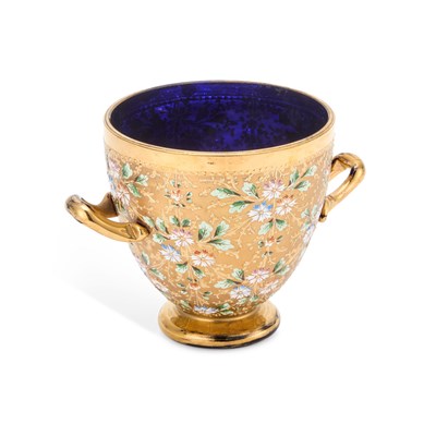 Lot 90 - A MOSER-TYPE GILDED AND ENAMELLED COBALT BLUE GLASS TWO-HANDLED CUP