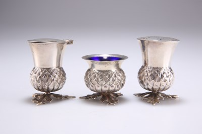 Lot 1453 - A 20TH CENTURY SILVER THISTLE-FORM CONDIMENT SET