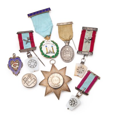 Lot 12 - A GROUP OF SILVER MASONIC JEWELS