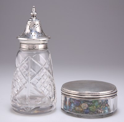 Lot 1312 - A VICTORIAN SILVER-TOPPED JAR AND AN ELIZABETH II SILVER-TOPPED SUGAR CASTER