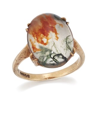 Lot 1789 - A 9 CARAT GOLD MOSS AGATE RING