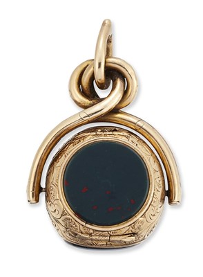 Lot 1657 - AN UNUSUAL HARDSTONE LOCKET SWIVEL FOB