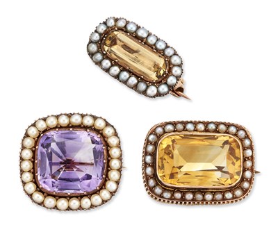 Lot 1796 - THREE 19TH CENTURY GEMSTONE AND SEED PEARL BROOCHES