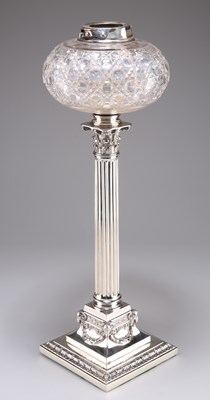 Lot 1005 - A VICTORIAN SILVER-PLATED CORINTHIAN COLUMN OIL LAMP BASE