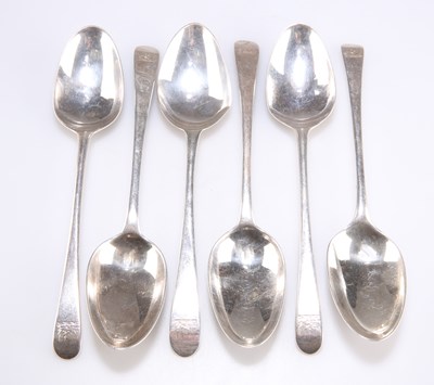 Lot 1161 - A SET OF SIX 18TH CENTURY SILVER TABLESPOONS