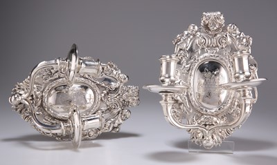 Lot 1477 - A PAIR OF GEORGE V SILVER TWO-LIGHT WALL SCONCES