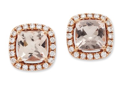 Lot 1647 - A PAIR OF 18 CARAT ROSE GOLD MORGANITE AND DIAMOND CLUSTER STUD EARRINGS