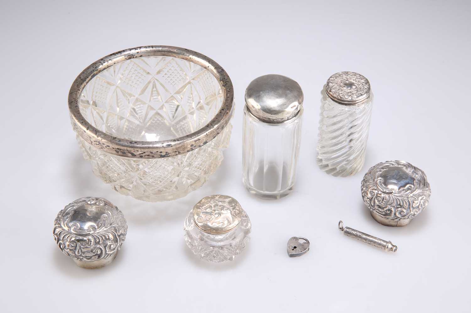 Lot 1107 - ASSORTED SILVER-TOPPED GLASS ARTICLES,