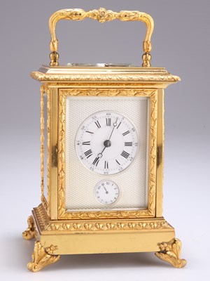 Lot 414 - A 19TH CENTURY FRENCH BRASS REPATING ALARM CARRIAGE CLOCK