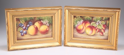 Lot 79 - A PAIR OF ROYAL WORCESTER STYLE FRUIT-PAINTED PORCELAIN PLAQUES