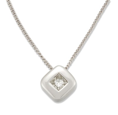 Lot 1398 - A PRINCESS-CUT DIAMOND PENDANT ON CHAIN