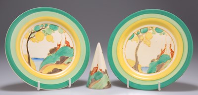 Lot 142 - TWO CLARICE CLIFF BIZARRE SECRETS PATTERN SIDE PLATES AND A CONICAL SALT