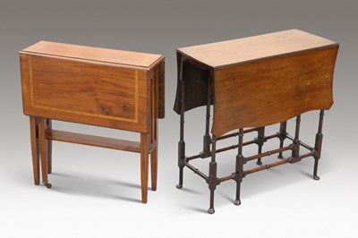 Lot 344 - AN EDWARDIAN INLAID MAHOGANY SUTHERLAND TABLE AND A SPIDER-LEG TABLE