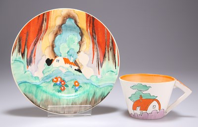Lot 119 - A CLARICE CLIFF FOREST GLEN PATTERN SIDE PLATE AND AN ORANGE ROOF COFFEE CUP