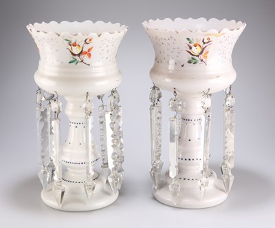 Lot 47 - A LARGE PAIR OF 19TH CENTURY OPALINE WHITE GLASS LUSTRES