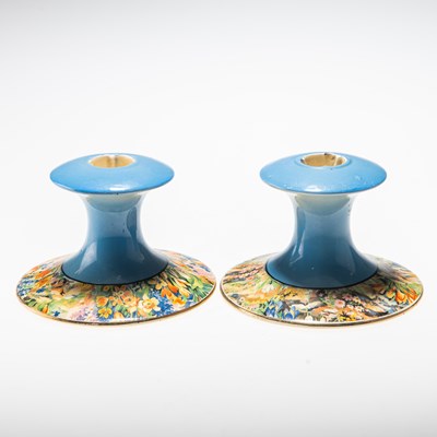 Lot 141 - A PAIR OF CLARICE CLIFF CANDLESTICKS