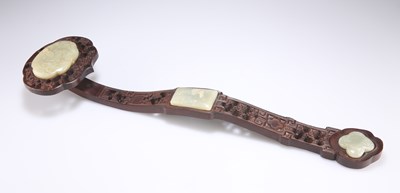 Lot 264 - A CHINESE CARVED WOOD AND JADE INSET RUYI SCEPTRE