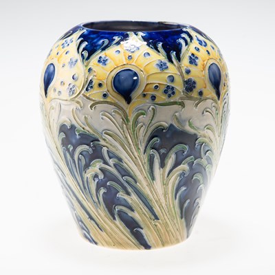 Lot 165 - WILLIAM MOORCROFT, A FLORIAN WARE PEACOCK FEATHERS VASE