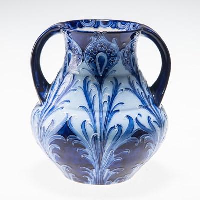 Lot 172 - WILLIAM MOORCROFT, A FLORIAN WARE PEACOCK FEATHERS TWO-HANDLED VASE