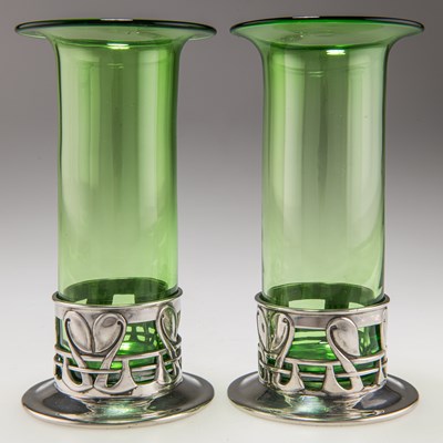 Lot 70 - ARCHIBALD KNOX (1864-1933), A RARE PAIR OF LIBERTY & CO TUDRIC PEWTER VASES
