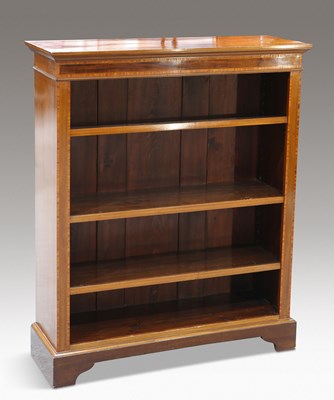 Lot 432 - AN EDWARDIAN INLAID MAHOGANY OPEN BOOKCASE, LABELLED HARRODS