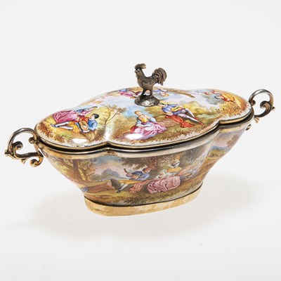 Lot 302 - A VIENNESE ENAMEL AND SILVER-GILT TWO-HANDLED DISH AND COVER