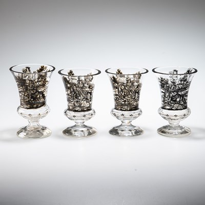 Lot 42 - ATTRIBUTED TO JOSEF LENHARDT OF STEINSCHÖNAU, FOUR SCHWARZLOT GLASS GOBLETS